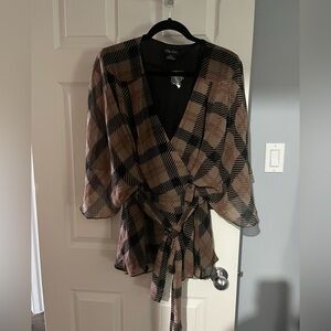 Beautiful and flattering CityChic wrap blouse in chocolate brown and beige.